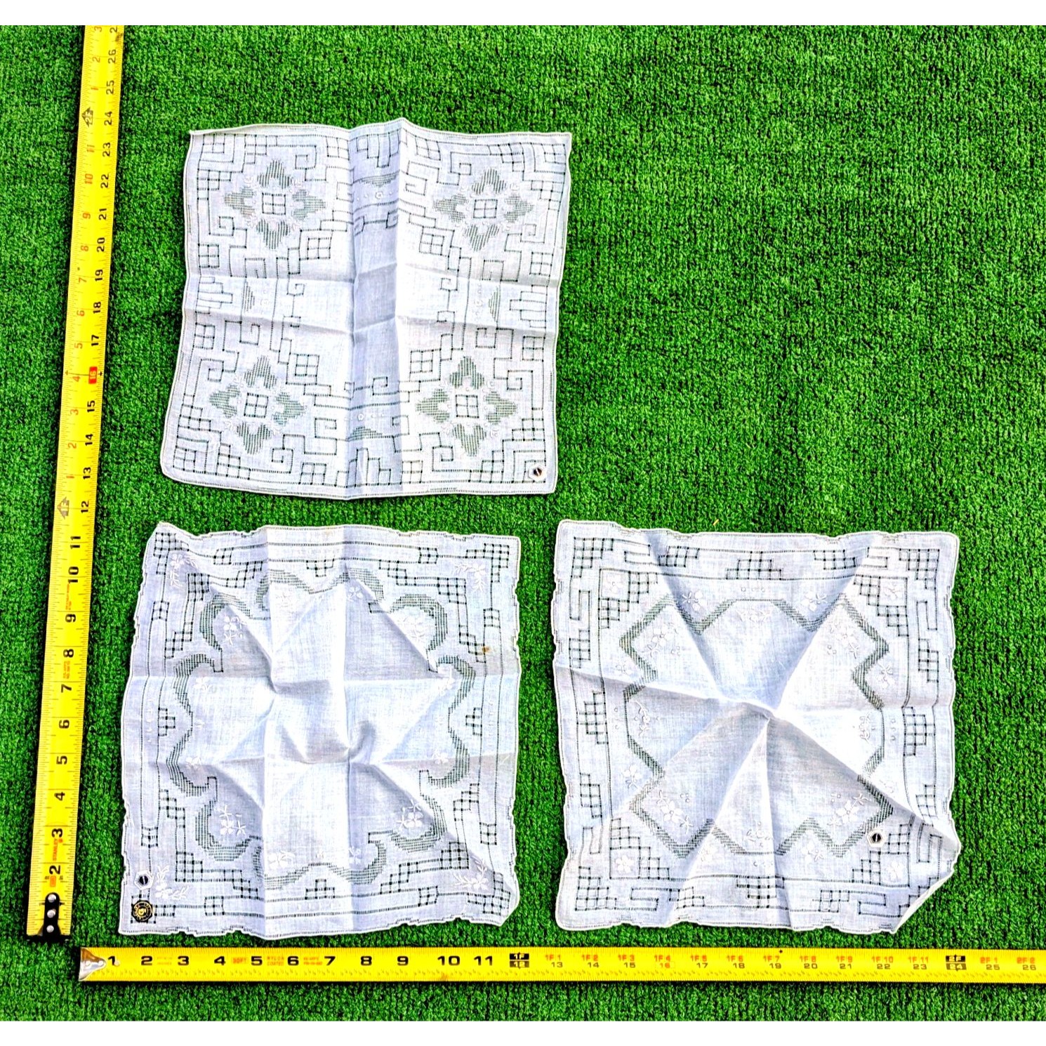 3 Vintage Daimaru Swatow Hand Embroidered Linen Handkerchief 12x12 New Old Stock